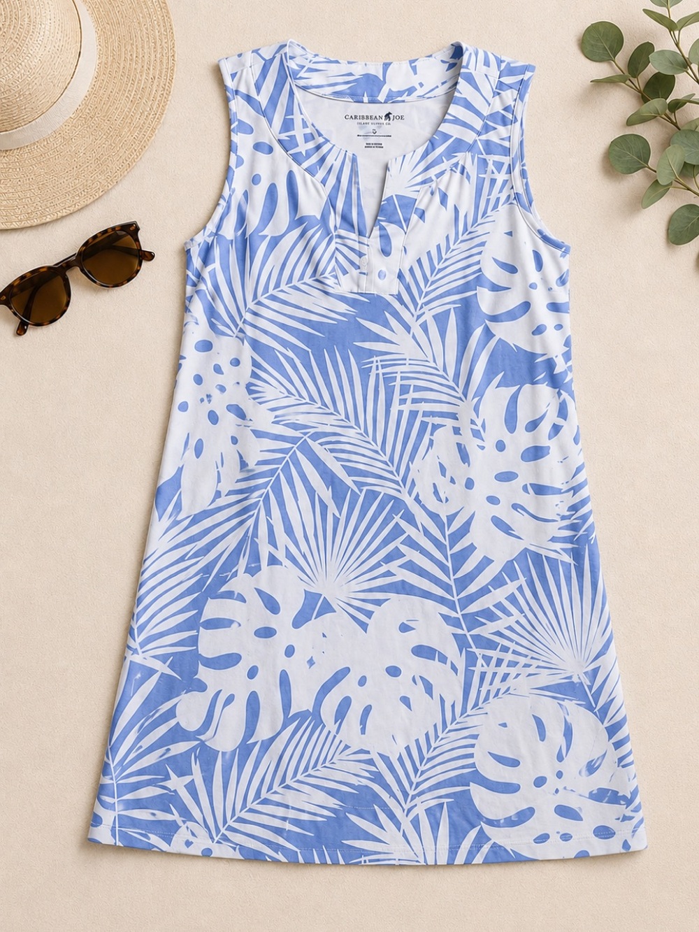 Caribbean Joe Tropical Palm Leaf Shift Dress Woman Large Blue White Sleeveless